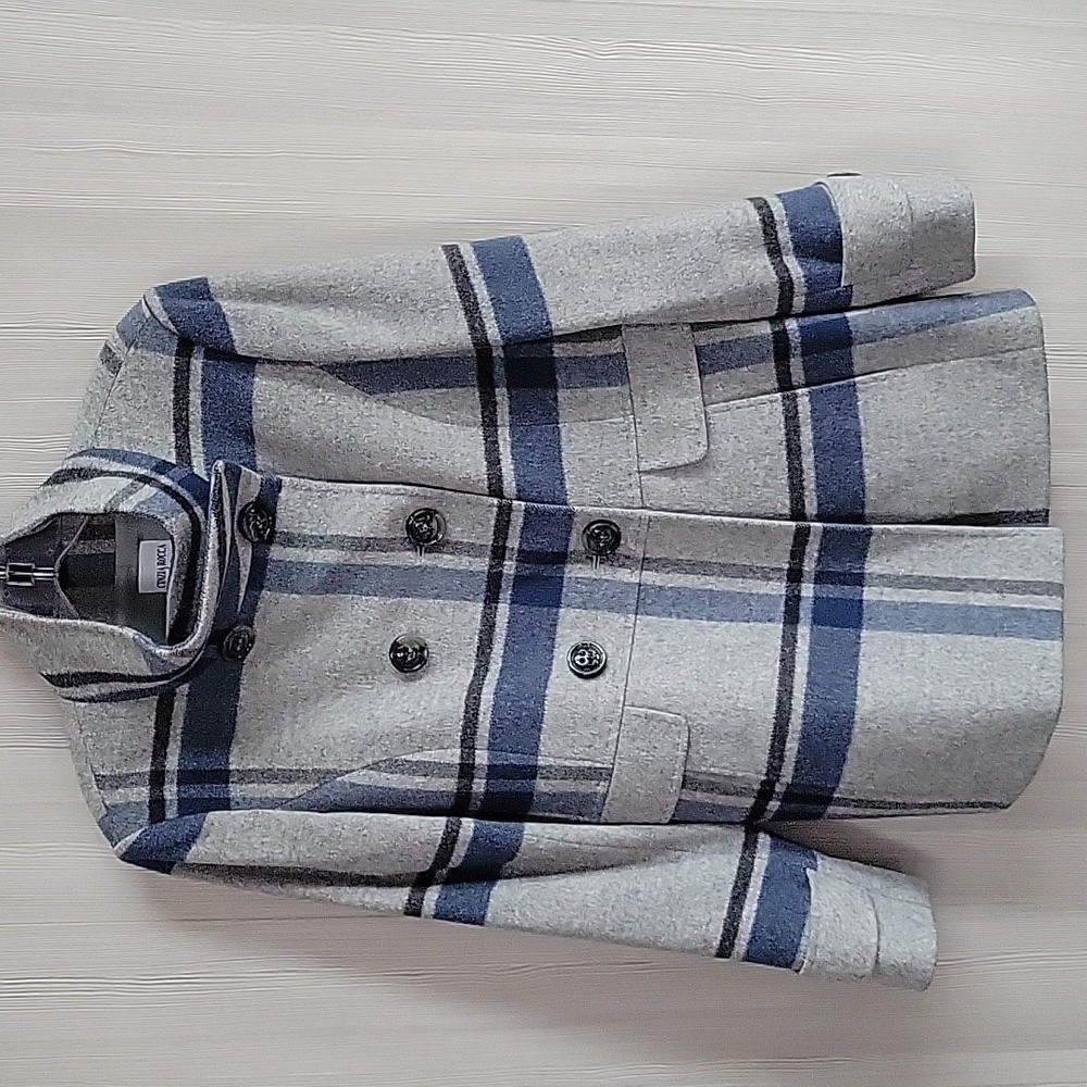 Cinzia Rocca Wool and Cashmere Plaid Peacoat - Gray Blue, Size 8